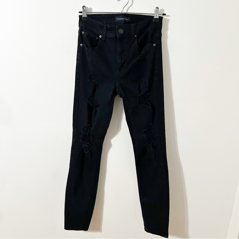 Aeropostale Dark Black Skinny Jeans High Rise Jegging Tapered Leg Distressed ⚫️
